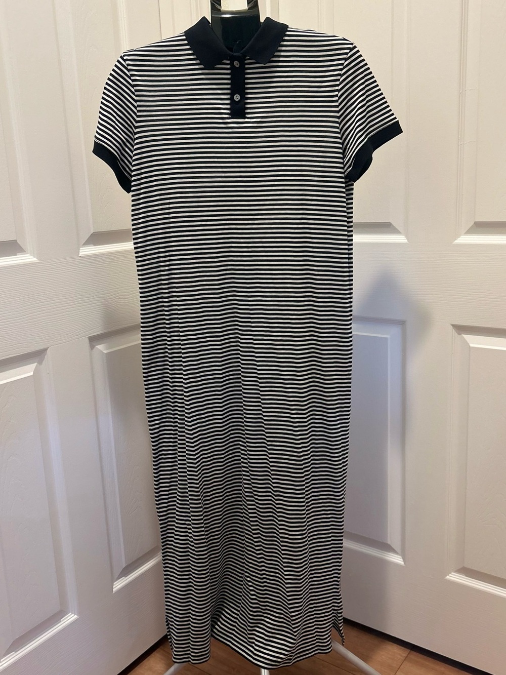 Theory Black & White Striped Polo Maxi Dress